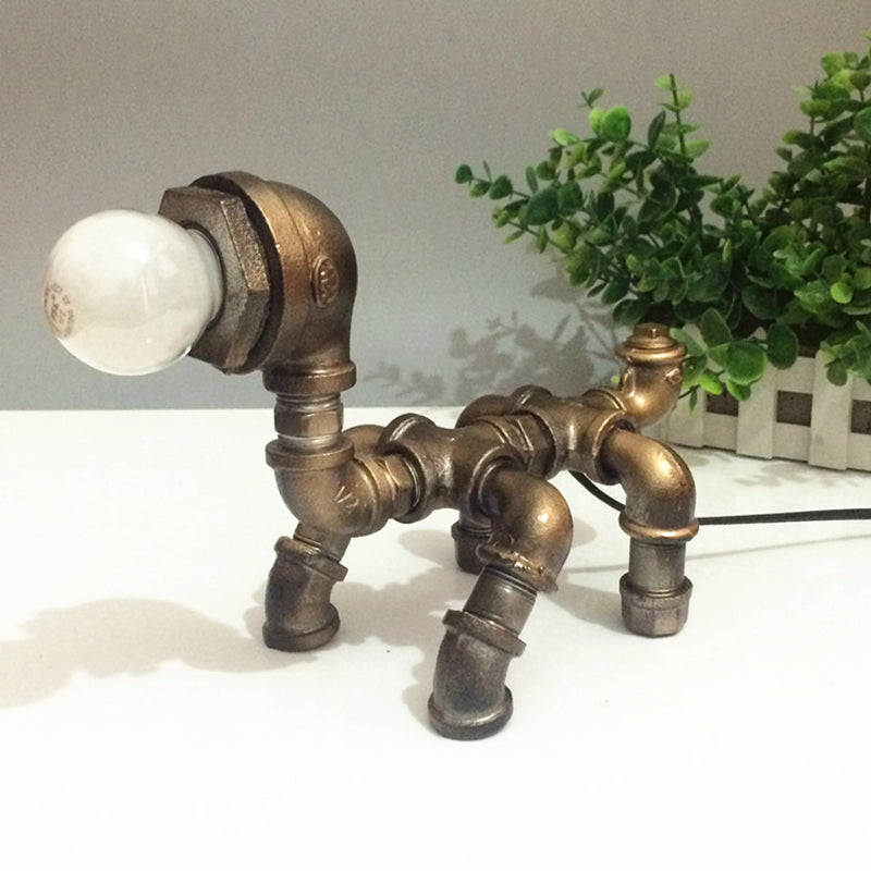 Vintage Metallic Brass Robot Design Table Lamp - Unique Coffee Shop Light With Plumbing Pipe Accent