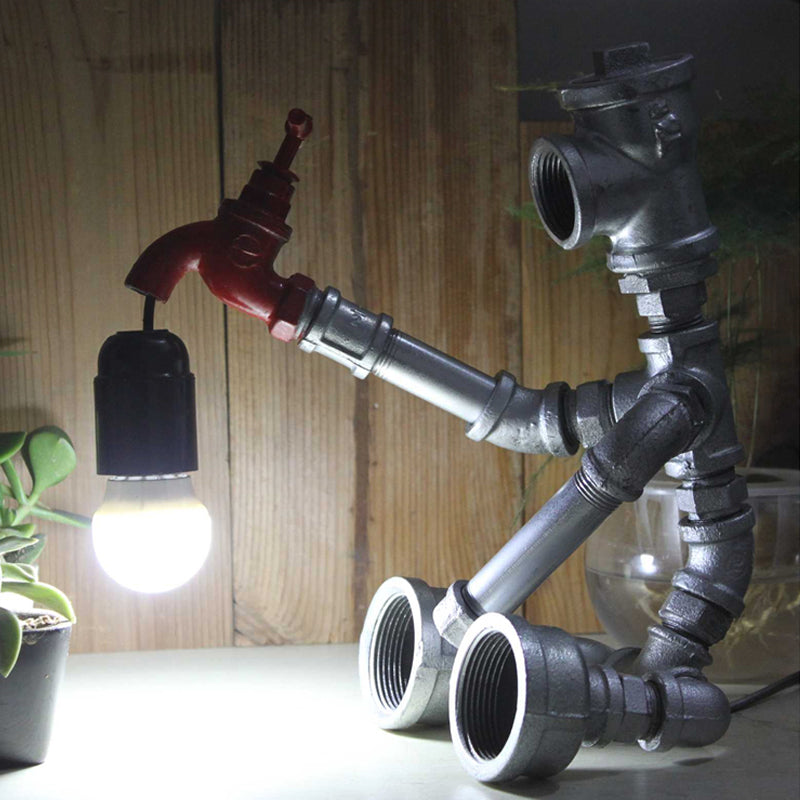 Steampunk Metallic Robot Table Light With Faucet Deco: 1-Light Child Bedroom Lamp In Bronze/Silver