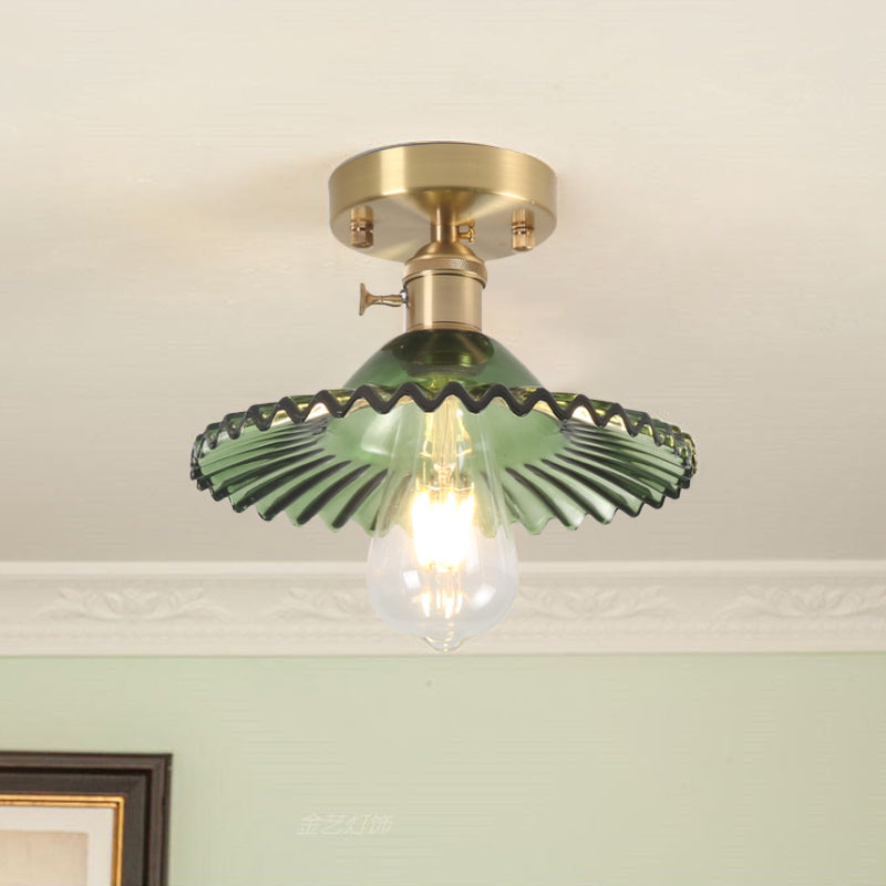 Industrial Scalloped Ribbed Glass Semi Flush Mount Light - Clear/Green