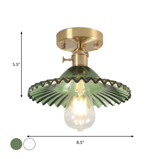 Industrial Scalloped Ribbed Glass Semi Flush Mount Light - Clear/Green