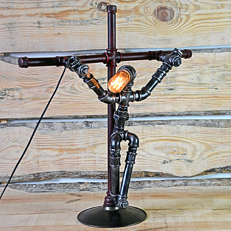 Rustic Iron Table Lamp - Stylish Aged Silver Water Pipe Indoor Lighting With Robot Design