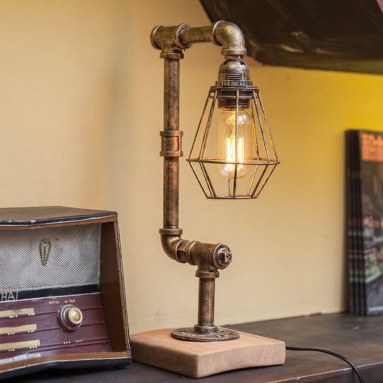 Bronze Industrial Piped Table Lamp With Wooden Base - 1 Head Metal Lighting For Living Room