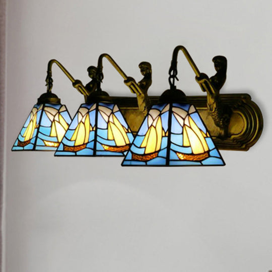 Mediterranean Blue Glass Sailboat Wall Sconce With 3 Lights