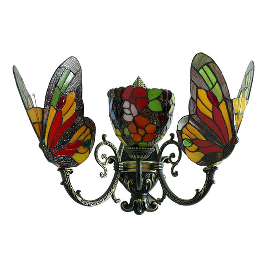 Stained Glass Butterfly Wall Sconce With 3 Heads For Living Room Lighting