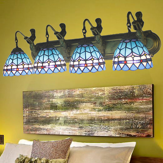 Mediterranean Bronze Wall Mounted Sconce Light With 4 Dome Blue Glass Heads For Living Room