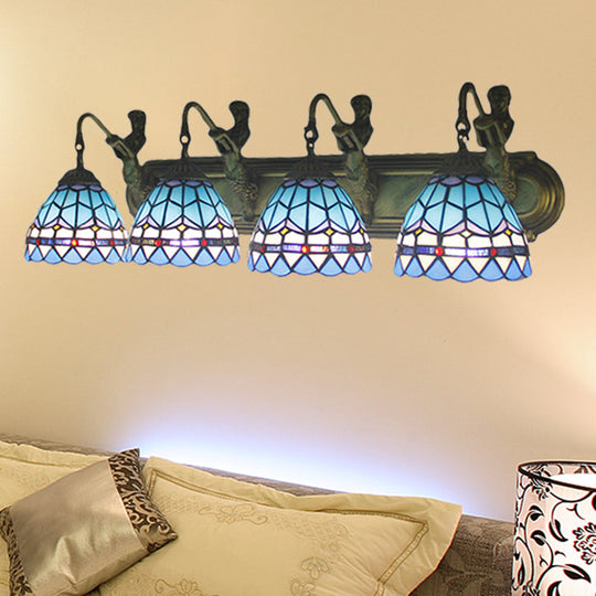 Mediterranean Bronze Wall Mounted Sconce Light With 4 Dome Blue Glass Heads For Living Room