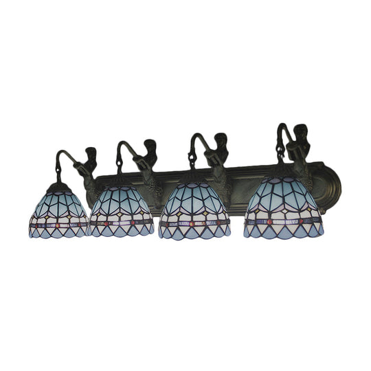 Mediterranean Bronze Wall Mounted Sconce Light With 4 Dome Blue Glass Heads For Living Room