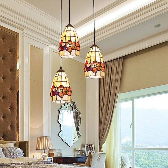 Yellow Shell Bell Cluster Pendant Light With Baroque Design 3 Bulbs And Linear/Round Canopy