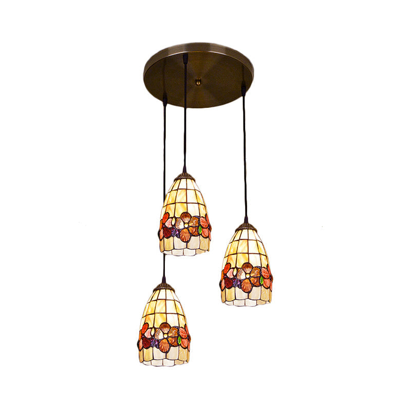 Baroque Shell Bell Pendant Light with 3 Yellow Bulbs and Linear/Round Canopy