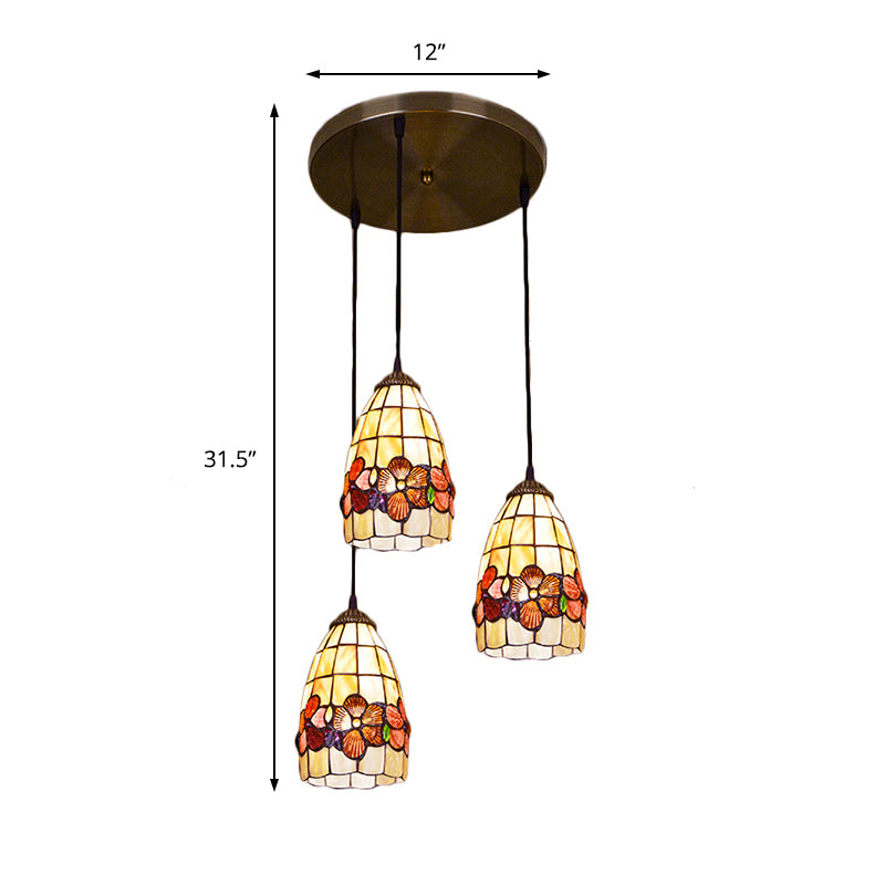 Baroque Shell Bell Pendant Light with 3 Yellow Bulbs and Linear/Round Canopy