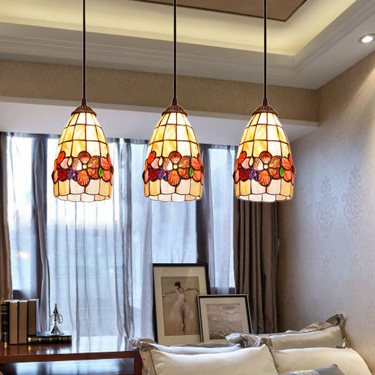 Yellow Shell Bell Cluster Pendant Light With Baroque Design 3 Bulbs And Linear/Round Canopy / Linear