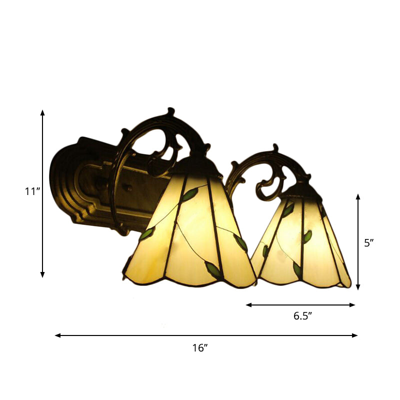 Leafy Beige Tiffany Rustic Wall Light With Dual Conical Heads - Ideal For Study Room