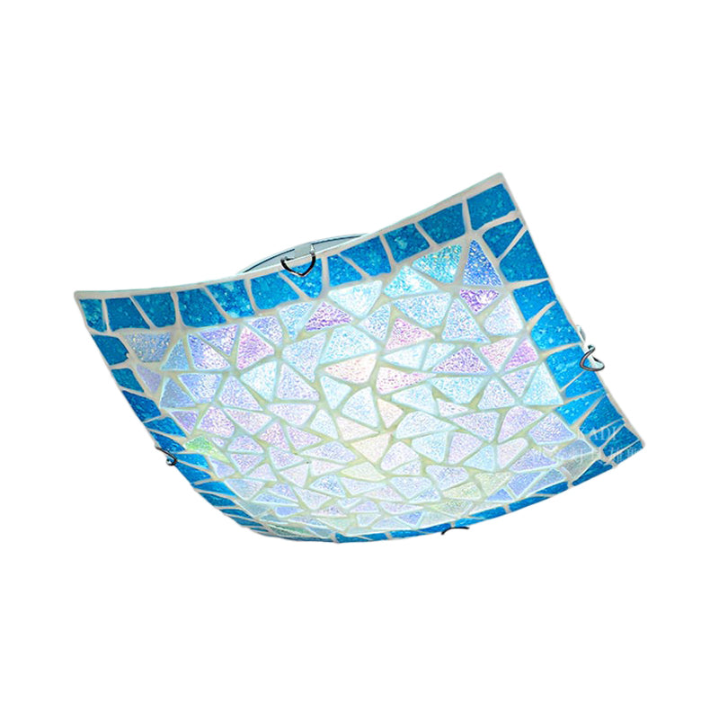 Mediterranean Stained Glass Flush Mount Ceiling Light - Blue Square, 16"/12" Width