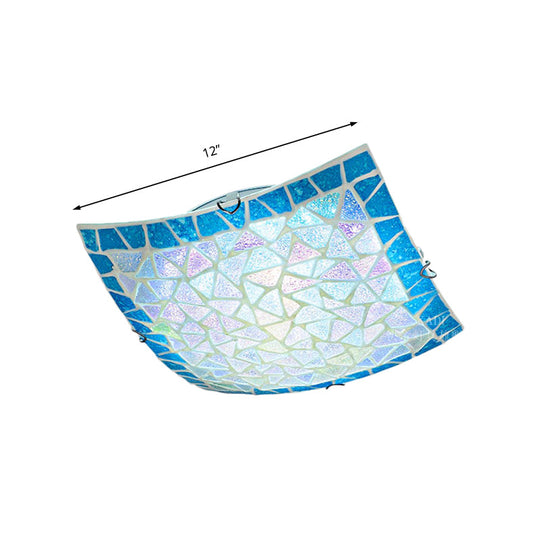 Mediterranean Stained Glass Flush Mount Ceiling Light - Blue Square, 16"/12" Width