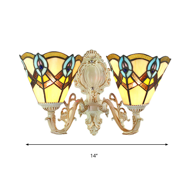 Victorian Tiffany Cone Gallery Wall Light With Carved Arm Stained Glass - Beige