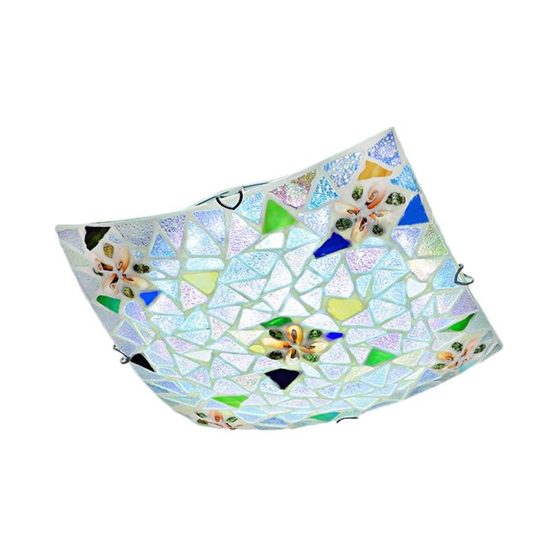 Tiffany Stained Glass Flush Light with Blue/White Convex Design - Perfect for Living Room (12"/16" Width)