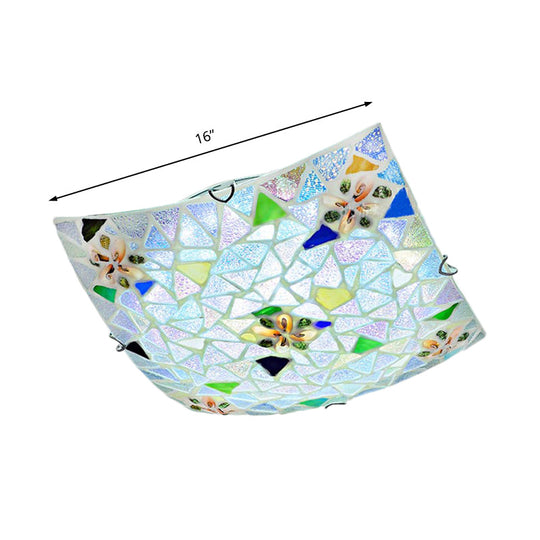 Tiffany Stained Glass Flush Mount Light - Blue/White Square Design 12/16 Width Perfect For Living