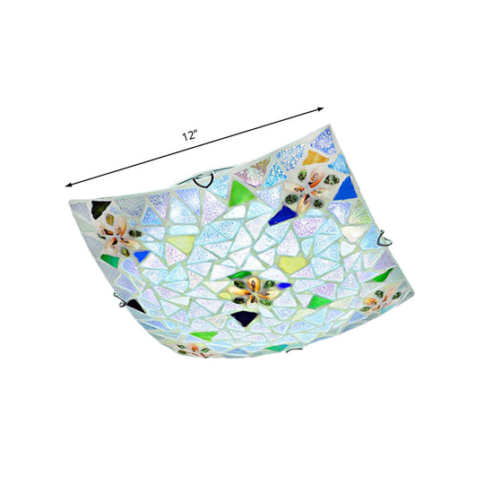 Tiffany Stained Glass Flush Light with Blue/White Convex Design - Perfect for Living Room (12"/16" Width)