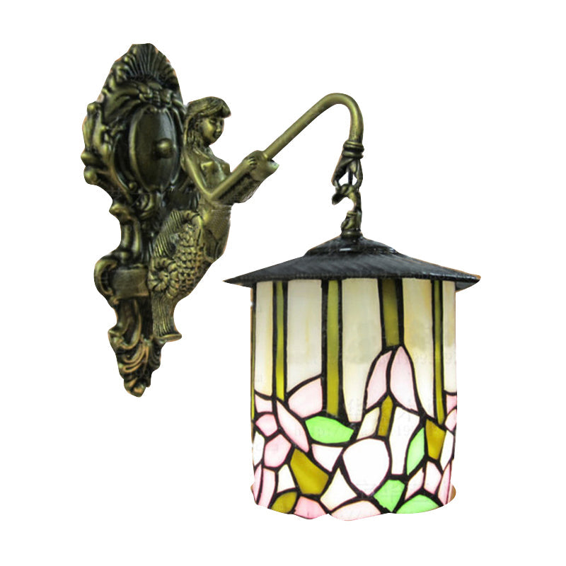 Tiffany Beige Glass Cylinder Sconce: Wall-Mounted Hallway Light With Flower Pattern