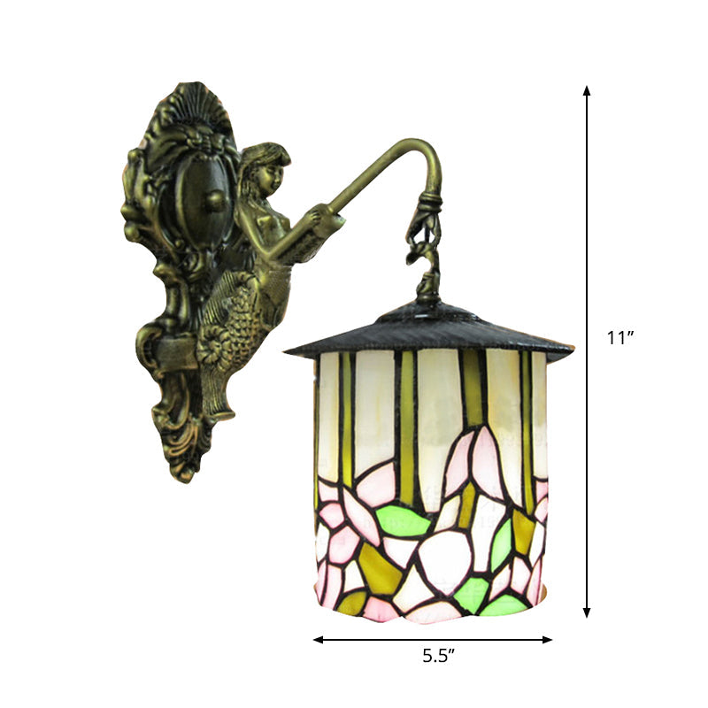 Tiffany Beige Glass Cylinder Sconce: Wall-Mounted Hallway Light With Flower Pattern