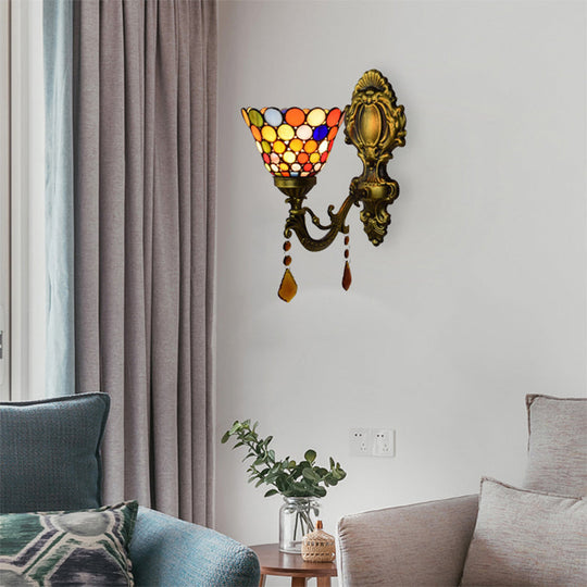 Tiffany Agate Glass Bell Wall Sconce In Antique Brass For Stairway Lighting