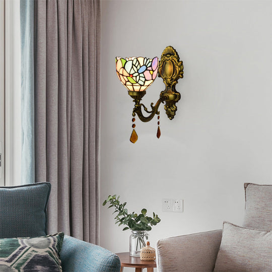 Stained Glass Blossom Bird Wall Sconce With Agate Deco In Antique Brass For Bedroom