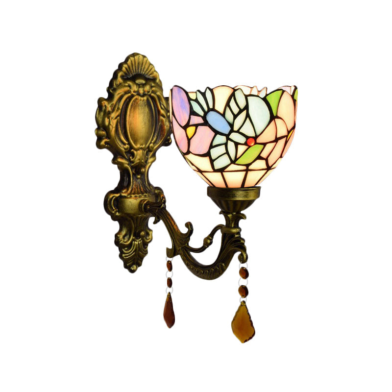 Stained Glass Blossom Bird Wall Sconce With Agate Deco In Antique Brass For Bedroom