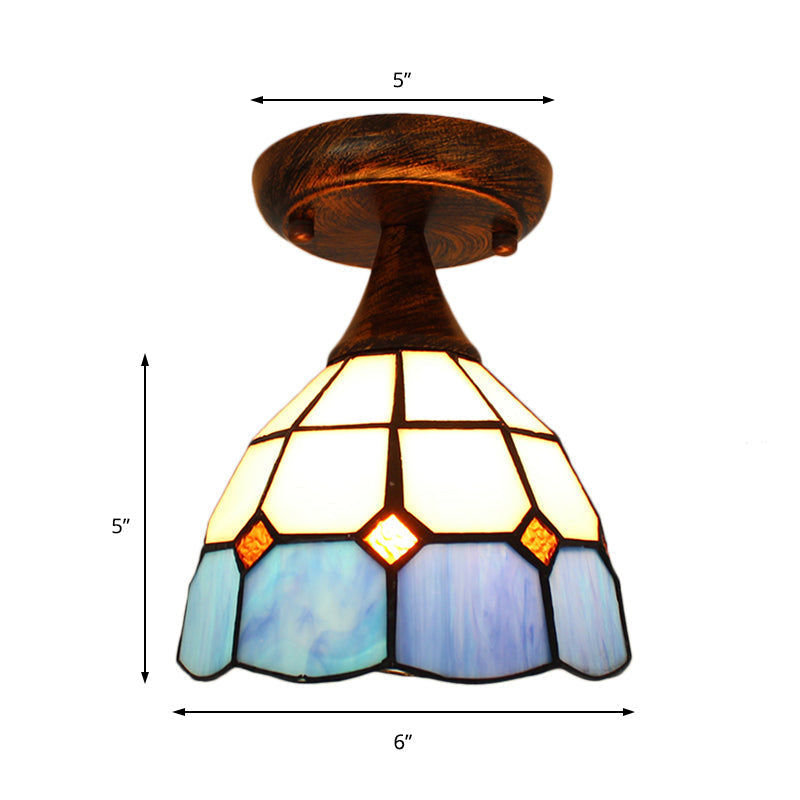 Stylish Mediterranean Ceiling Light: Mini Semi Flush Blue Stained Glass With 1 Light For Corridor