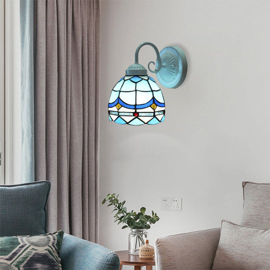 Small Tiffany Stained Glass Wall Light - Blue 1-Head Sconce In White Finish For Living Room