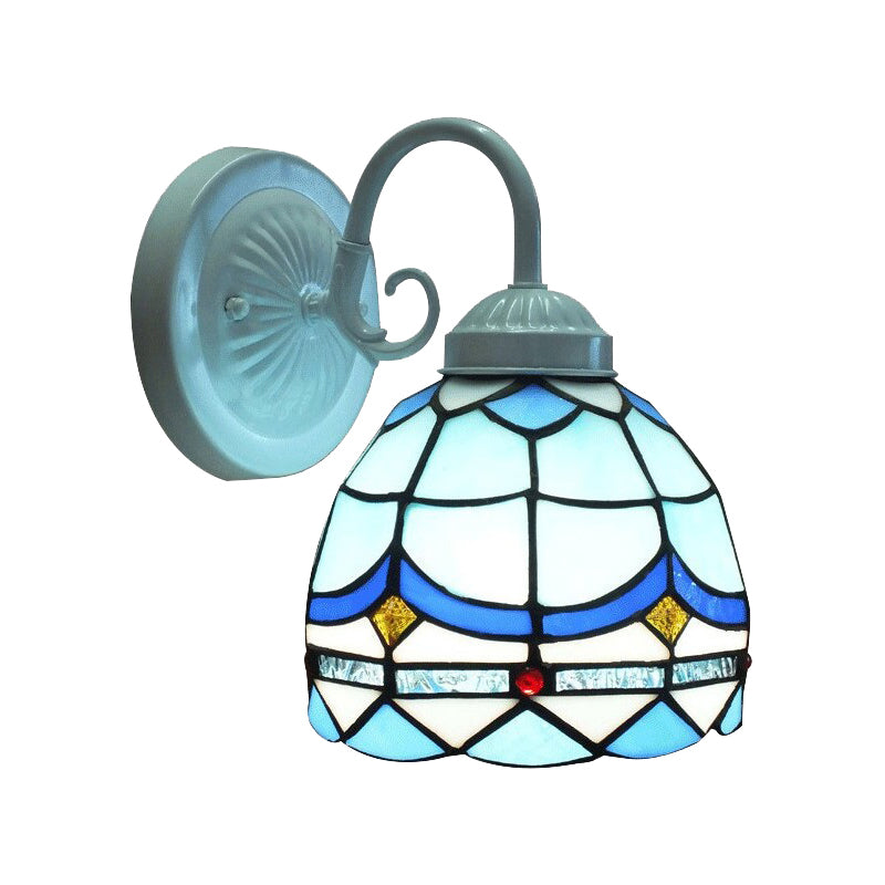 Small Tiffany Stained Glass Wall Light - Blue 1-Head Sconce In White Finish For Living Room