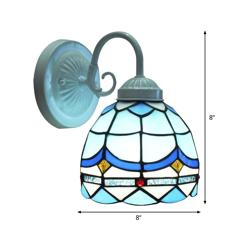 Small Tiffany Stained Glass Wall Light - Blue 1-Head Sconce In White Finish For Living Room