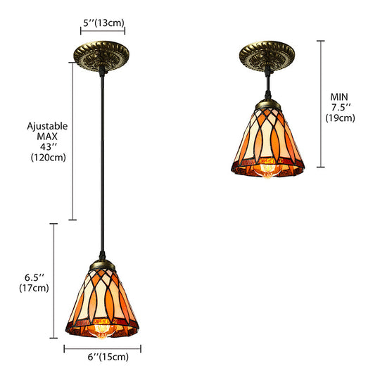 Tiffany Art Glass Cone Hanging Lamp For Living Room - Hand Rolled Brown And Suspended