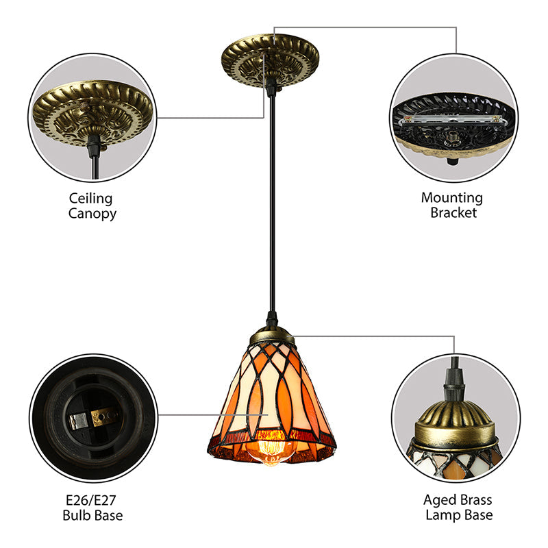 Tiffany Hand Rolled Art Glass Cone Shape Hanging Lamp Kit - 1 Light Brown Suspended Fixture for Living Room