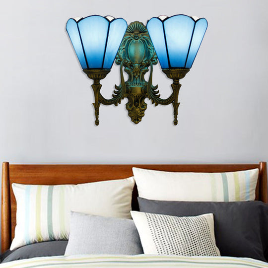 Traditional Blue Glass Cone Wall Sconce: Double Mount Lighting For Dining Room