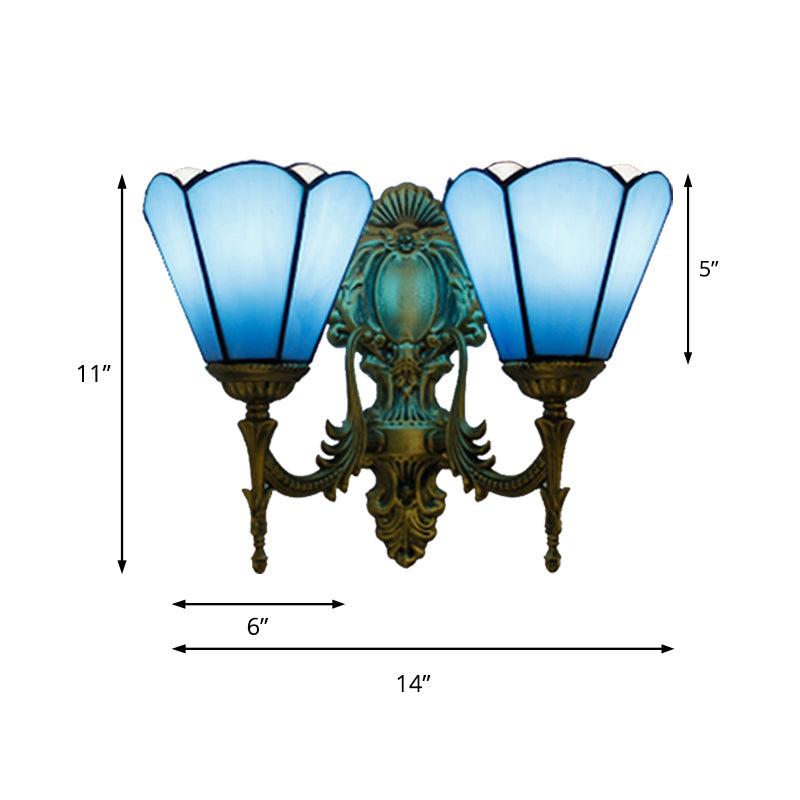 Traditional Blue Glass Cone Wall Sconce: Double Mount Lighting For Dining Room