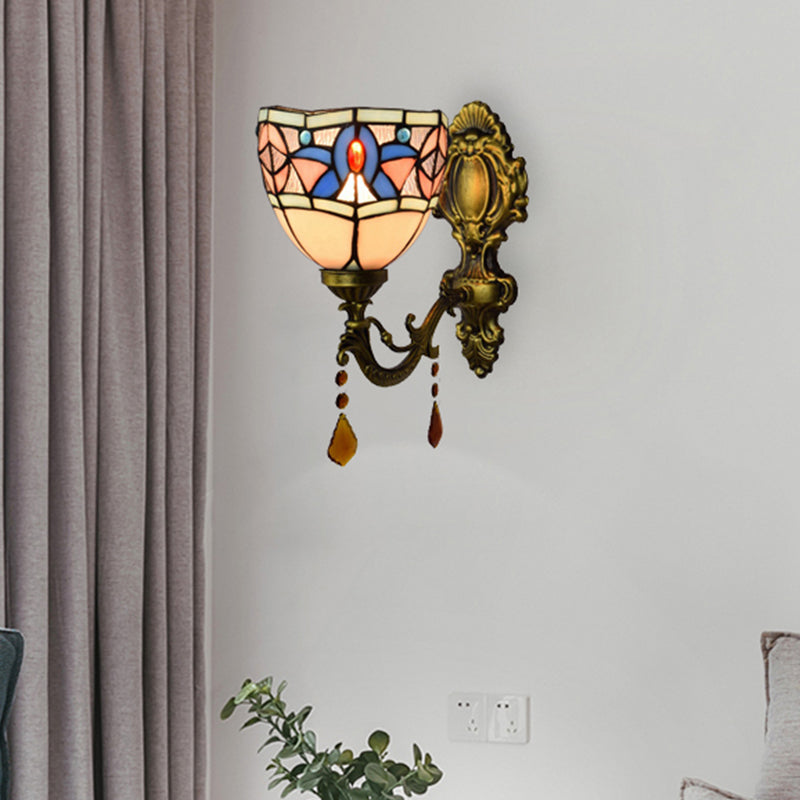 White Stained Glass Wall Sconce - Tiffany Classic Design With Agate Accent Bedroom Lamp