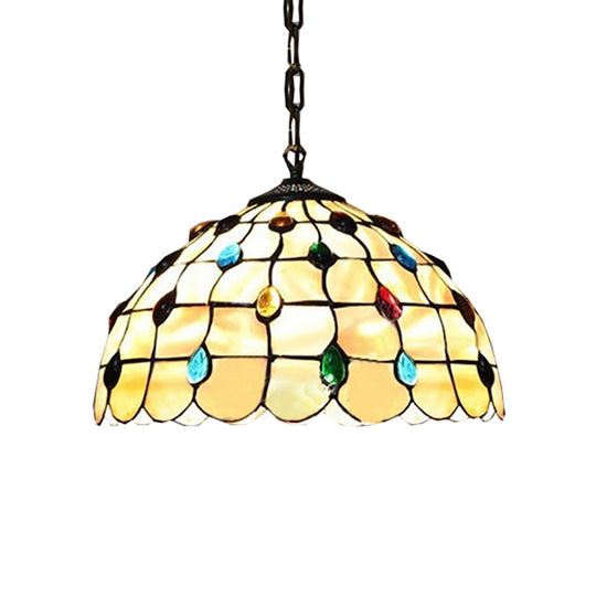 Tiffany-Style Stained Glass Bowl Pendant Lamp with Two Beige Heads and Gemstone Cabochons - 16/19.5"W