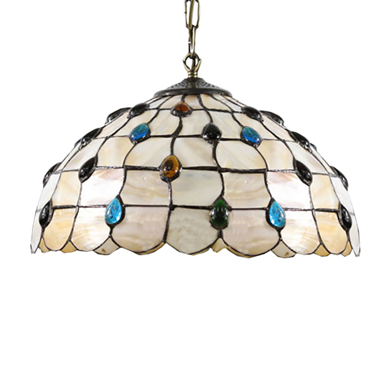 Tiffany-Style Stained Glass Bowl Pendant Lamp with Two Beige Heads and Gemstone Cabochons - 16/19.5"W