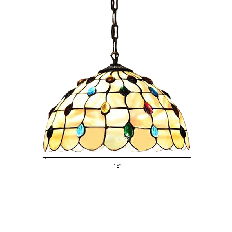 Tiffany-Style Stained Glass Bowl Pendant Lamp with Two Beige Heads and Gemstone Cabochons - 16/19.5"W