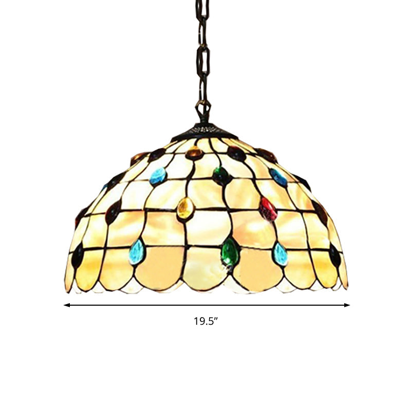 Tiffany-Style Stained Glass Bowl Pendant Lamp with Two Beige Heads and Gemstone Cabochons - 16/19.5"W