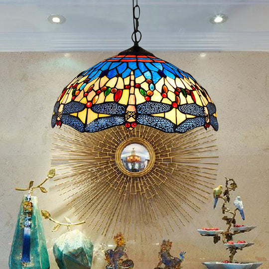 Dragonfly Pendant Light Tiffany Stained Glass Ceiling Lighting - 2 Heads Yellow-Blue Design for Living Room