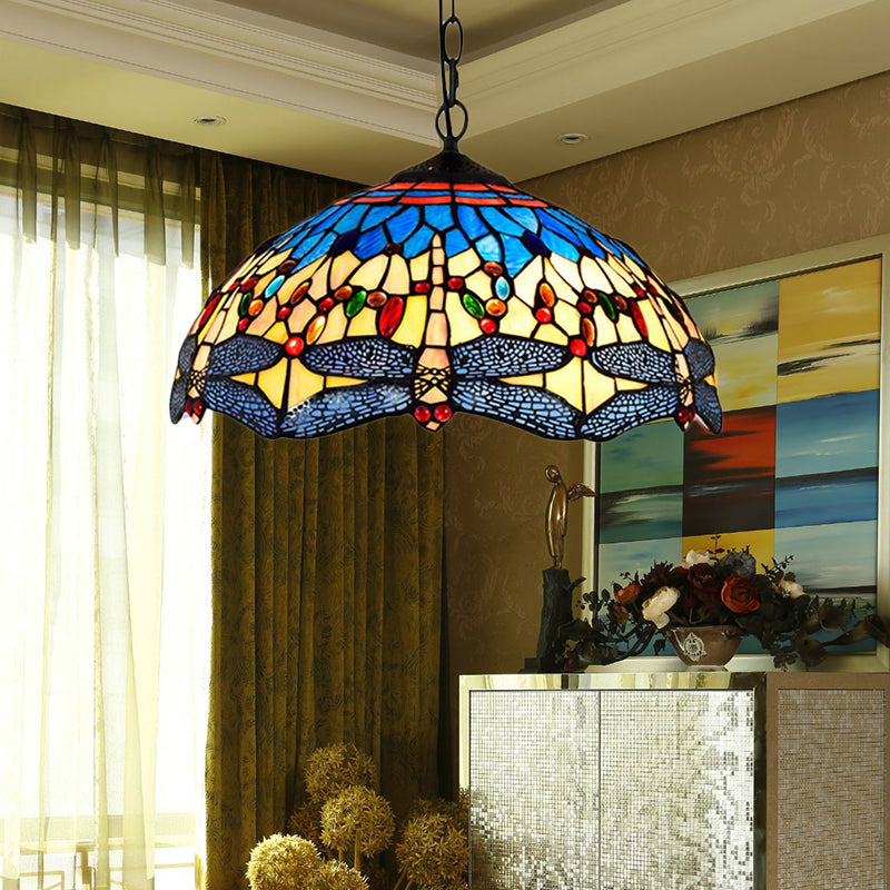 Dragonfly Pendant Light Tiffany Stained Glass Ceiling Lighting - 2 Heads Yellow-Blue Design for Living Room