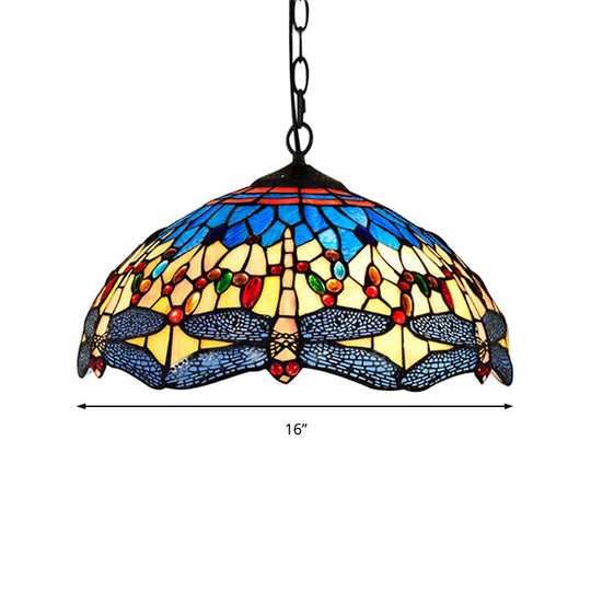 Dragonfly Pendant Light Tiffany Stained Glass Ceiling Lighting - 2 Heads Yellow-Blue Design for Living Room