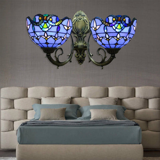 Village Stained Glass Tulip Wall Sconce With Curved Arm - Blue Bowl Shade 2 Lights