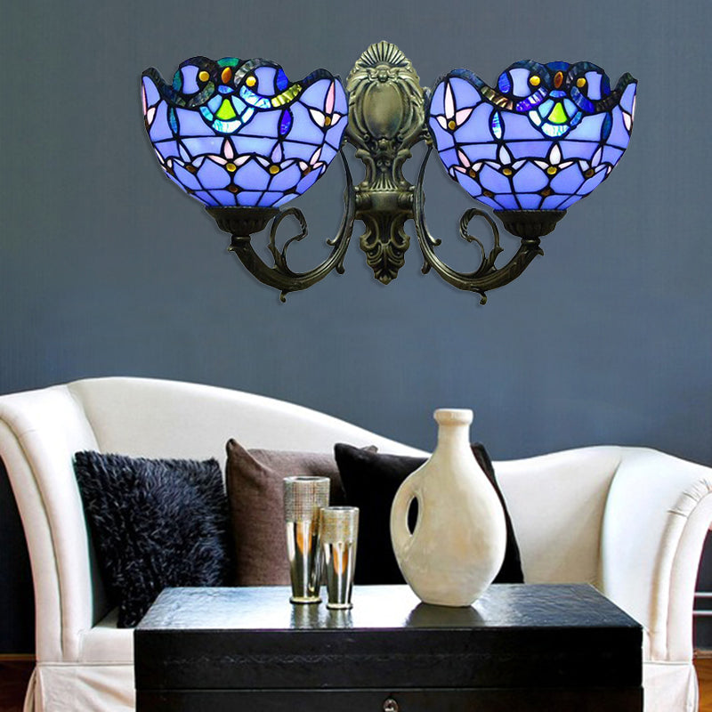 Village Stained Glass Tulip Wall Sconce With Curved Arm - Blue Bowl Shade 2 Lights