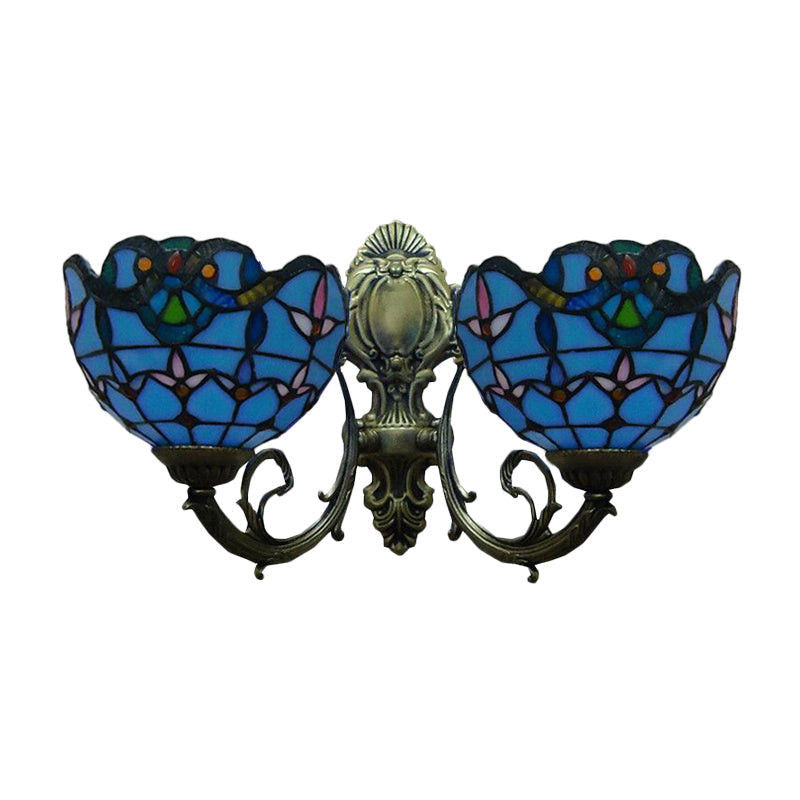 Village Stained Glass Tulip Wall Sconce With Curved Arm - Blue Bowl Shade 2 Lights