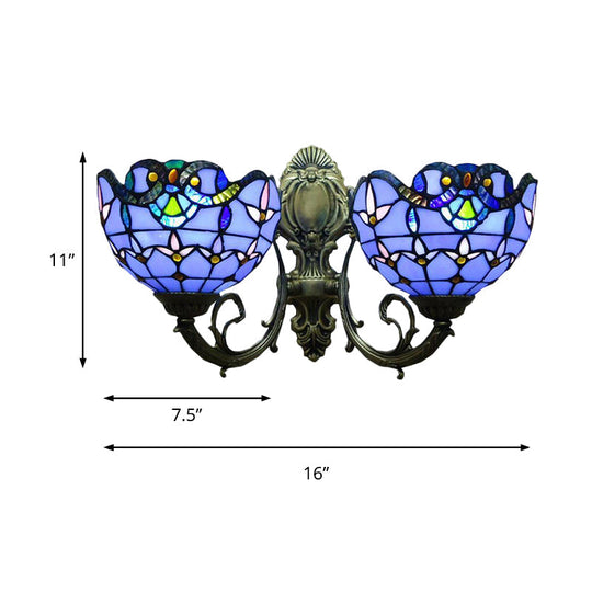 Village Stained Glass Tulip Wall Sconce With Curved Arm - Blue Bowl Shade 2 Lights