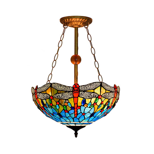 Inverted Dragonfly Tiffany Pendant Lamp - Rustic Stained Glass Chandelier with 3 Lights in Red/Blue