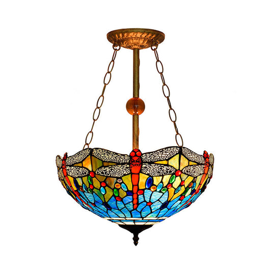 Inverted Pendant Lamp - Dragonfly Tiffany Rustic Stained Glass Chandelier (Red/Blue 3 Lights)