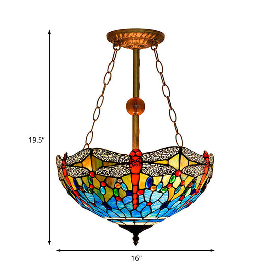 Inverted Dragonfly Tiffany Pendant Lamp - Rustic Stained Glass Chandelier with 3 Lights in Red/Blue